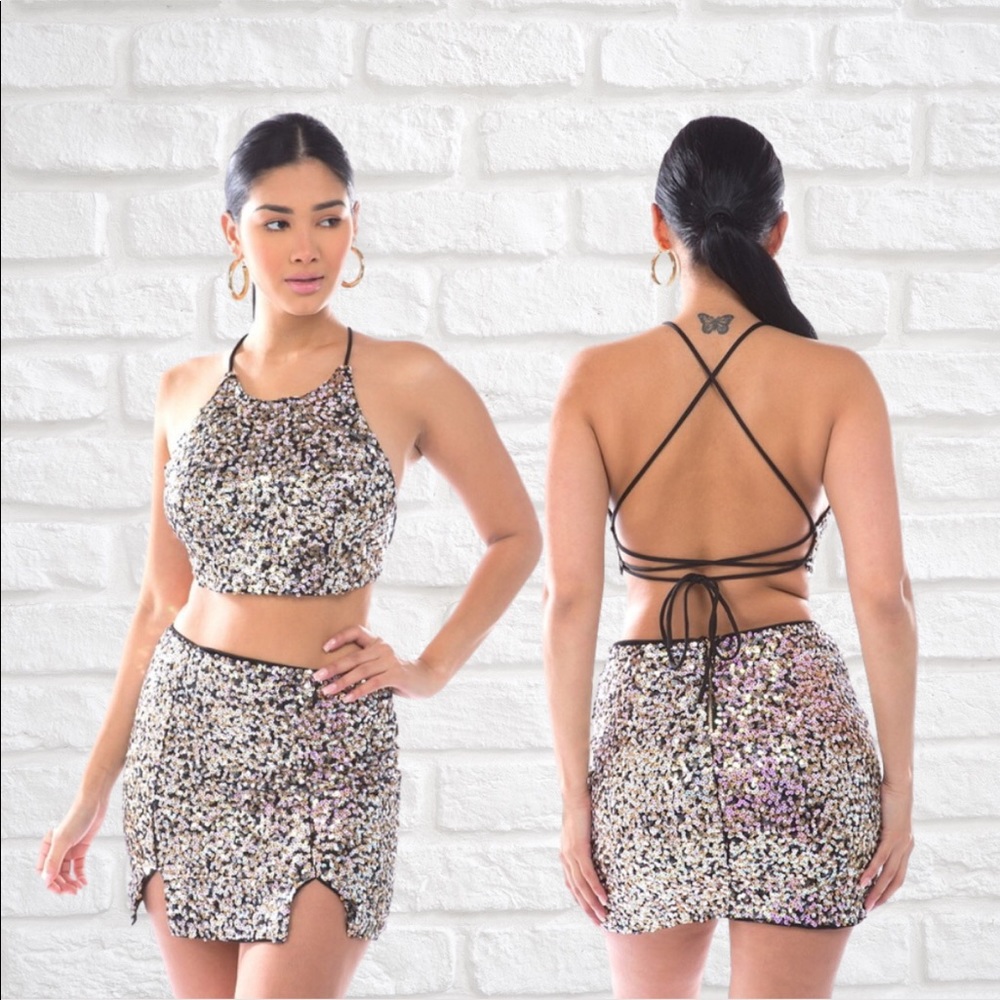 Sequined Halter Top & Mini Skirt Set MULTI